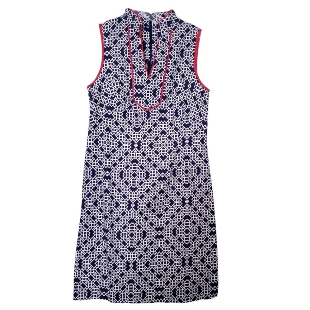 Eliza J Sleeveless Shift Dress Zip‎ V-Neck Navy Blue White Red Pattern Size 10